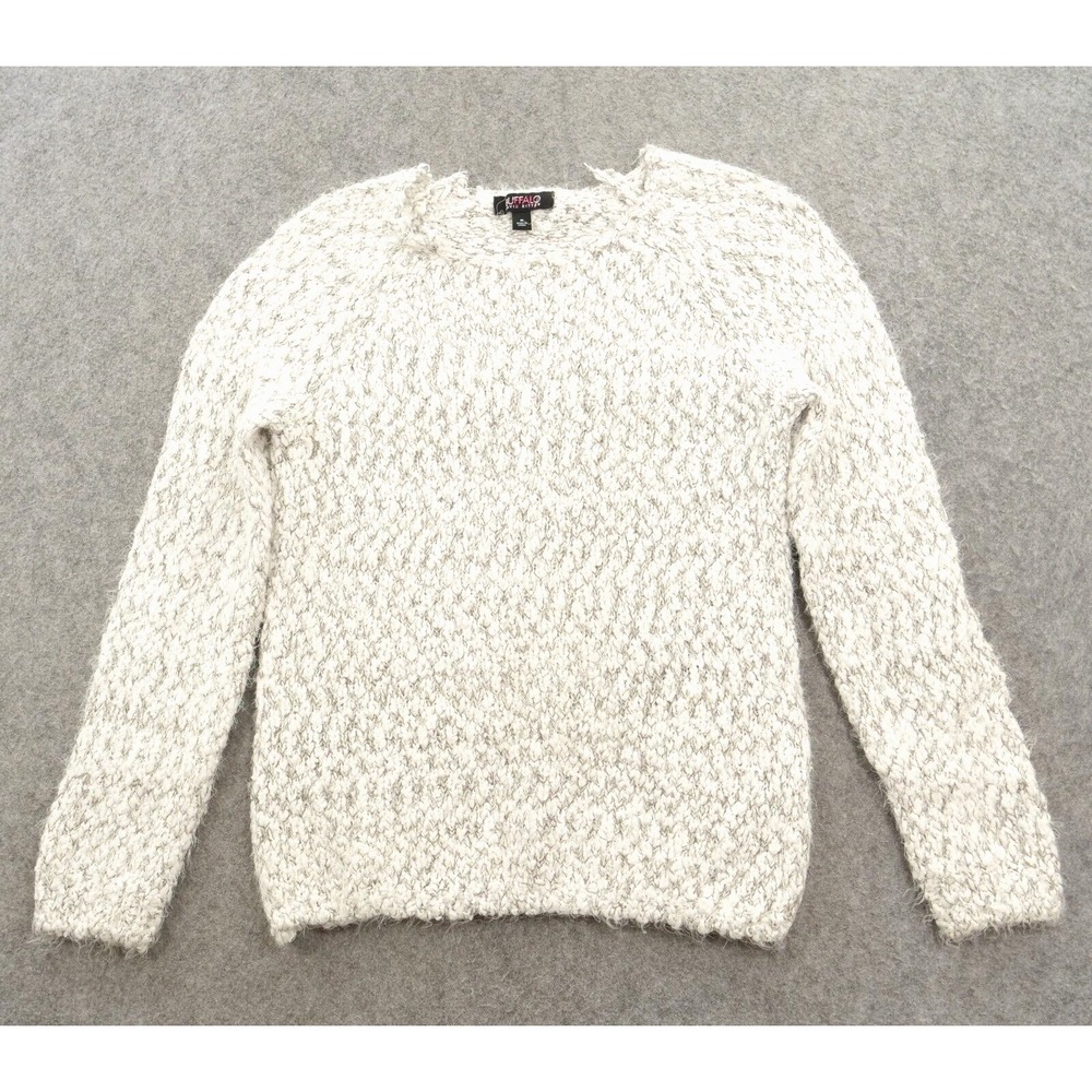 Buffalo David Bitton Sweater Womens Medium Gray White Fuzzy Knit Long Sleeve